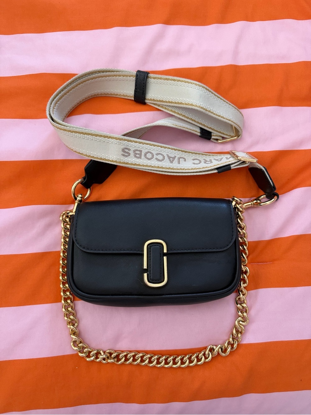 Marc Jacobs Black Leather Crossbody with Gold Chain and Canvas Strap
